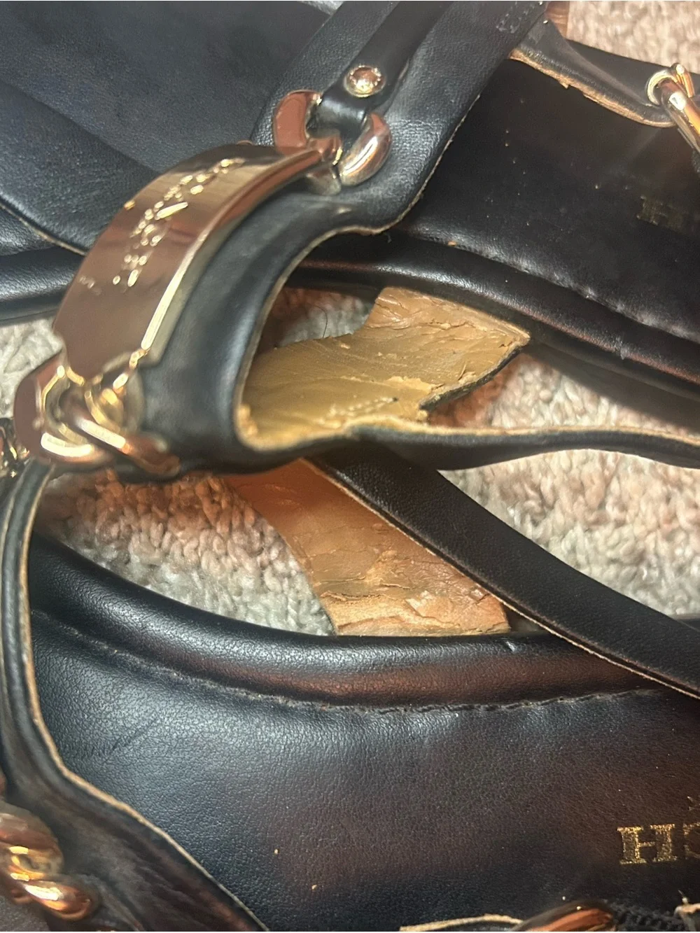 Coach Classic Black Leather T-Strap Sandals with Gold Hardware
